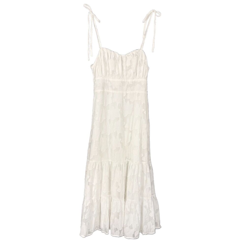 LULUS Sweet Sentiments Jacquard Tiered Midi Dress L White Tie Strap Slit NWT B81 - Picture 2 of 6